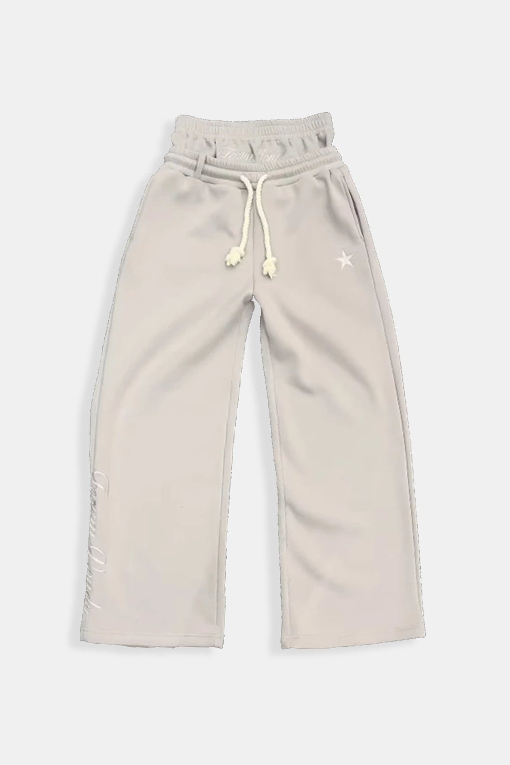 Double Waist Joggers - cream wide leg joggers with double waistband detail, front view