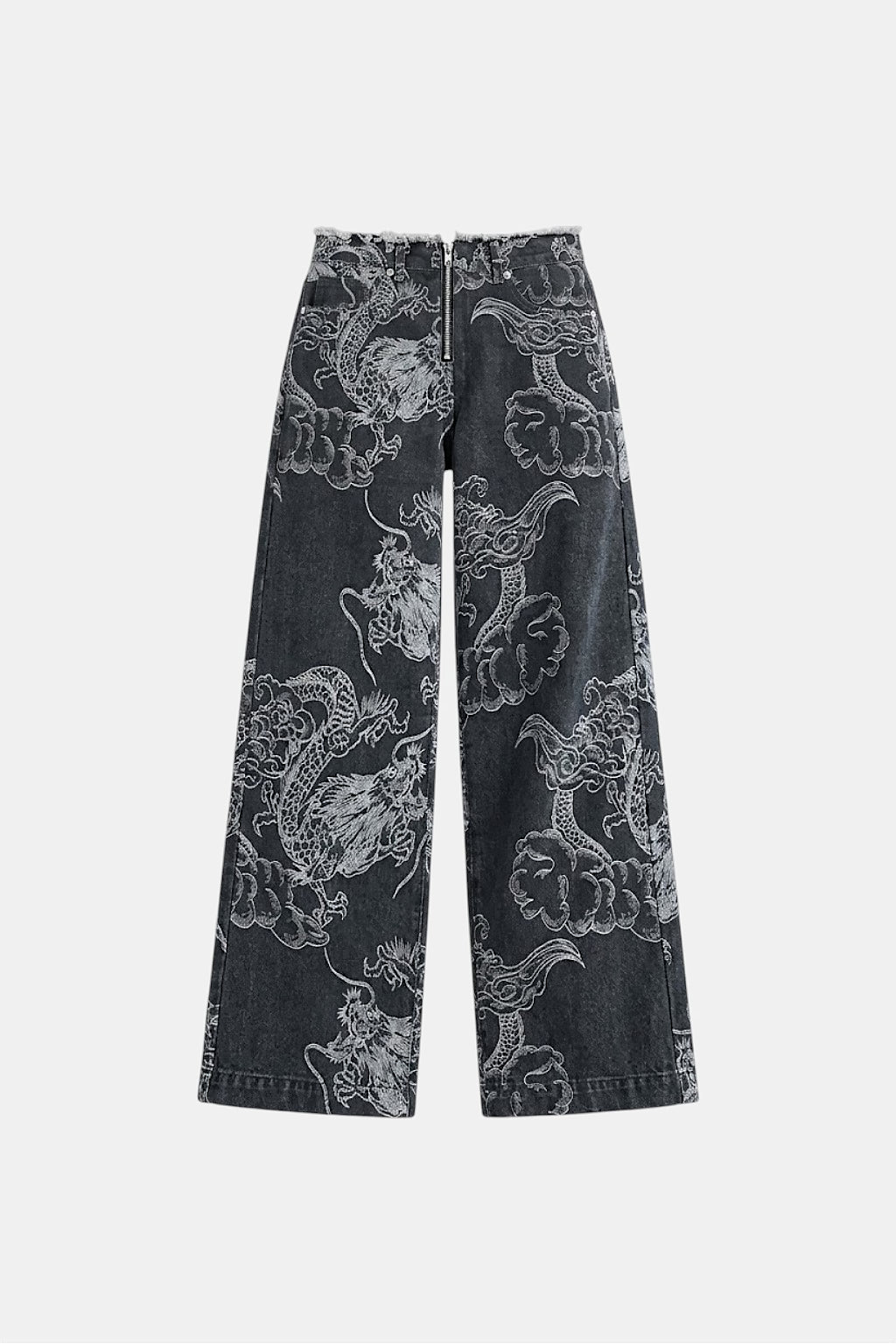 Dragon Baggy Jeans - bleached wide leg jeans with sketch style dragon graphic, front view
