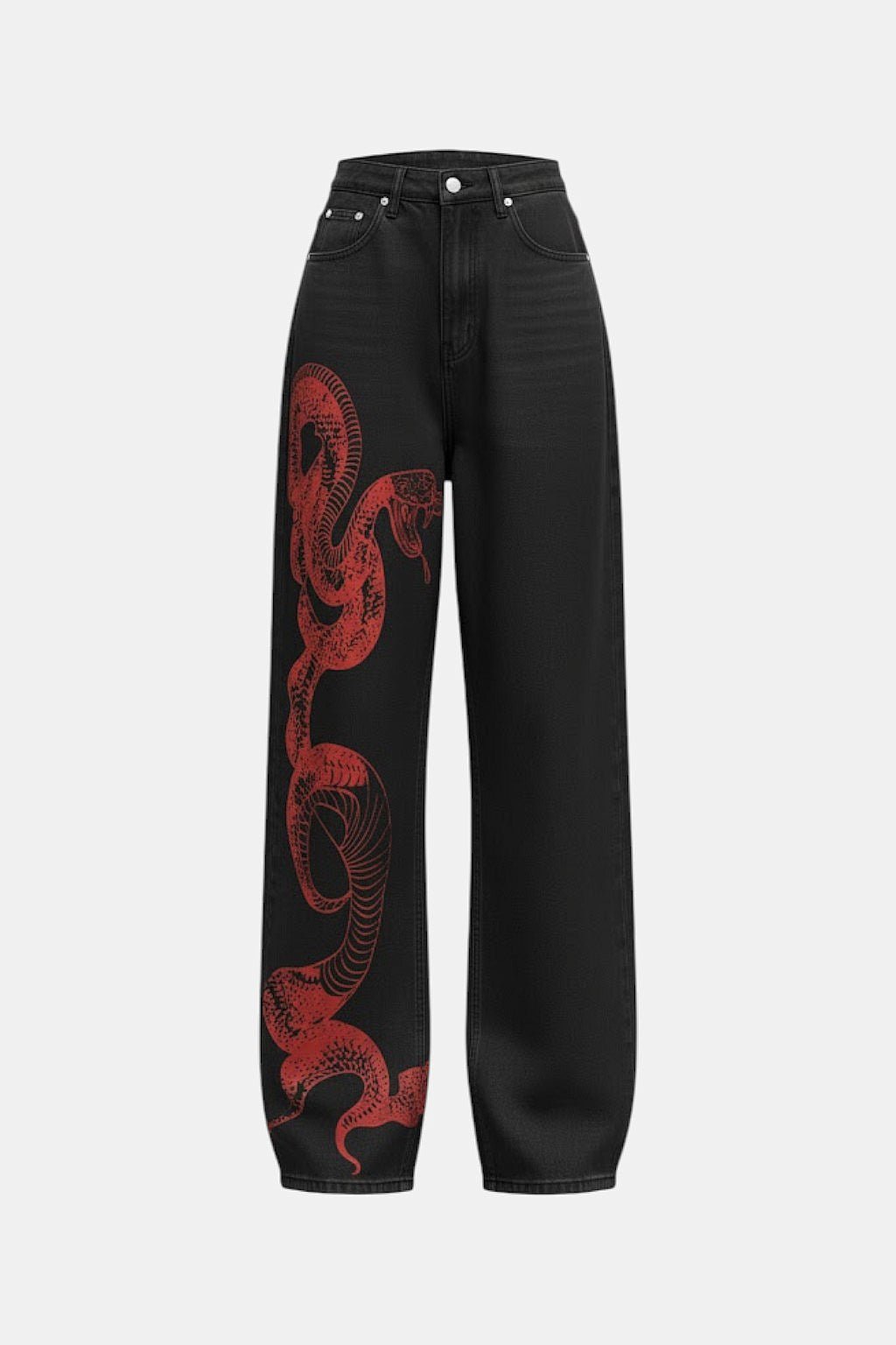 Dragon Jeans - black jeans with red dragon graphic on one leg, front view