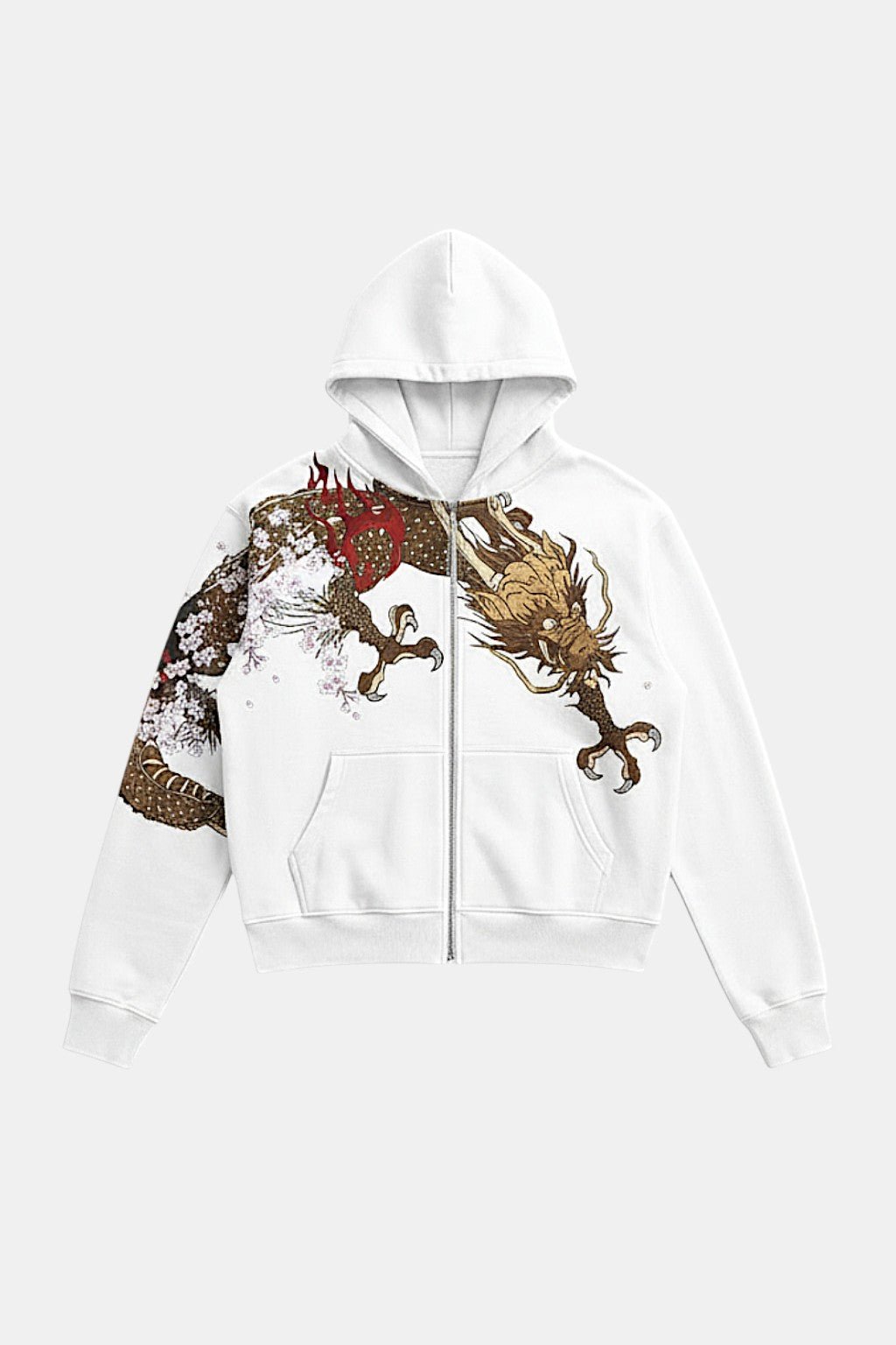 Dragon Sweatshirt - white zip hoodie with embroidered gold and red dragon graphic, front view