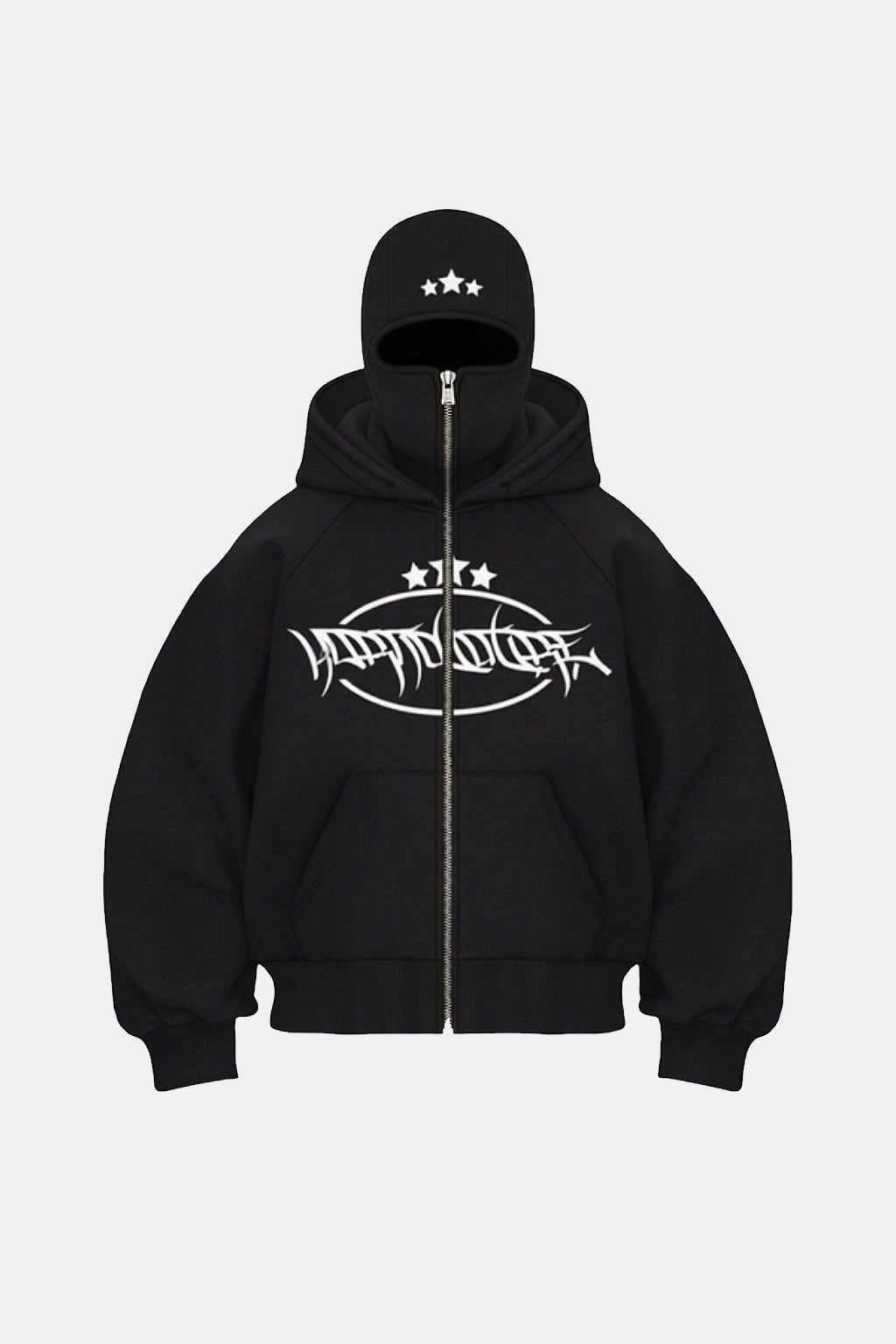 Drill Jacket UK - black hooded jacket with graffiti-style graphic, styled with matching cap, front view