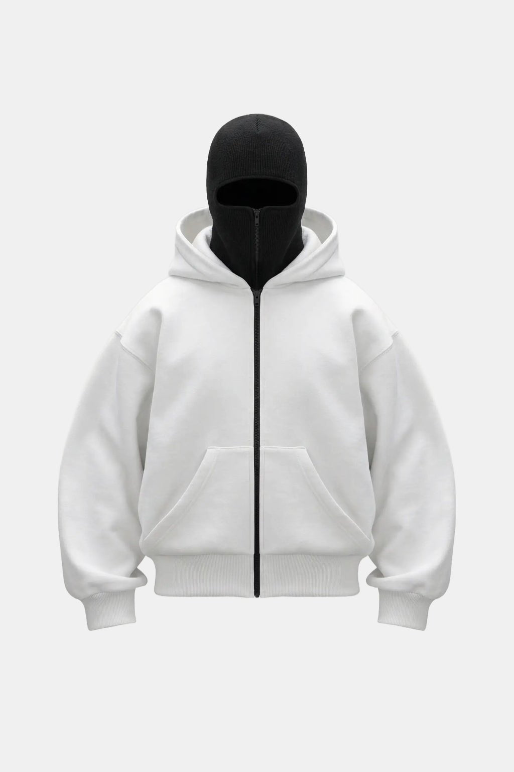Drip Jacket UK - white zip jacket styled with matching black balaclava, front view