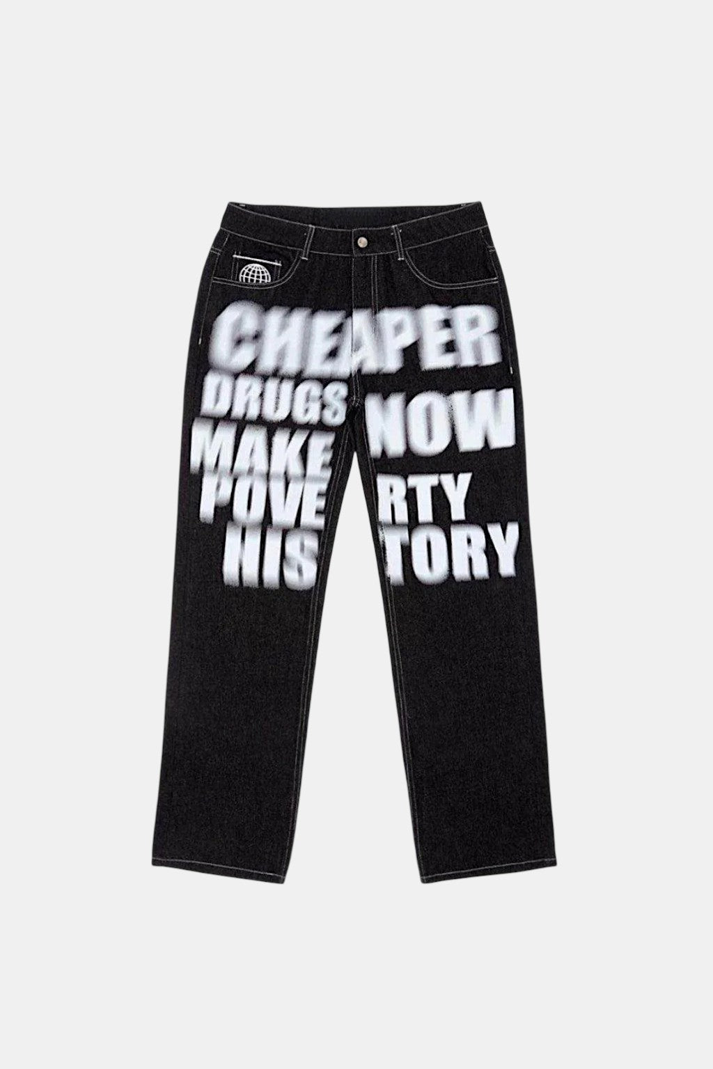 Drip Jeans - black jeans with stacked spray paint text graphic, front view