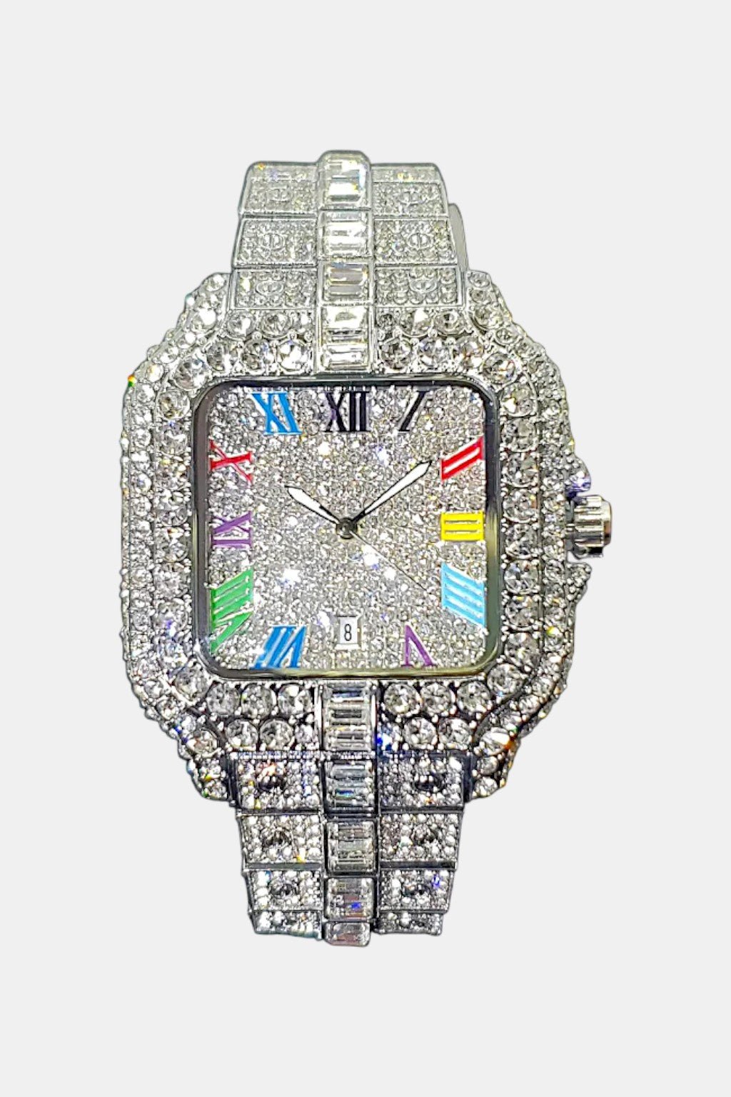 Drip Watch - fully iced rhinestone watch with colourful dial markers, front view