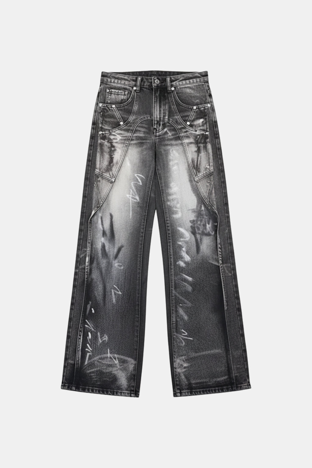 E Girl Jeans - black wide leg jeans with feather print graphic, front view
