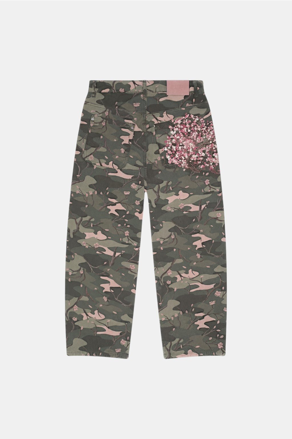 Embroidered Camouflage Jeans - camo print jeans with embroidered blossom patch, front view