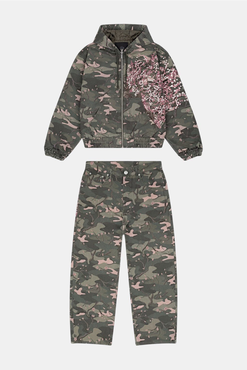 Embroidered Camouflage Set - camo jacket and joggers with embroidered blossom detail, front view