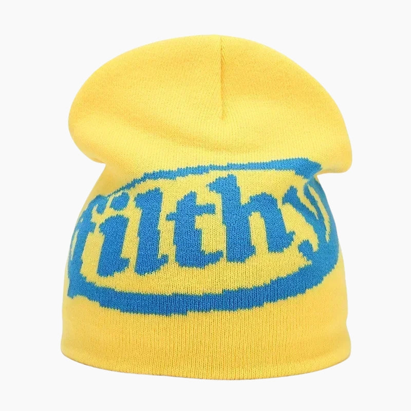 Filthy Beanie - yellow beanie with bold blue Filthy wordmark, front view