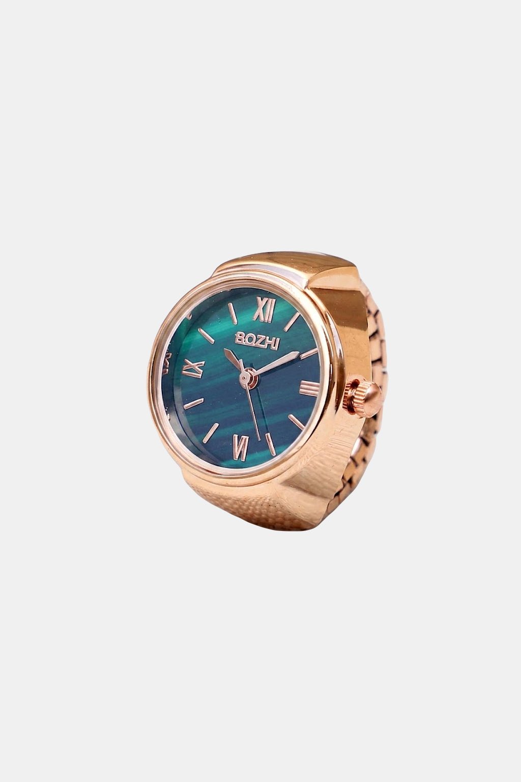 Finger Ring Watch - rose gold ring watch with teal dial, front view