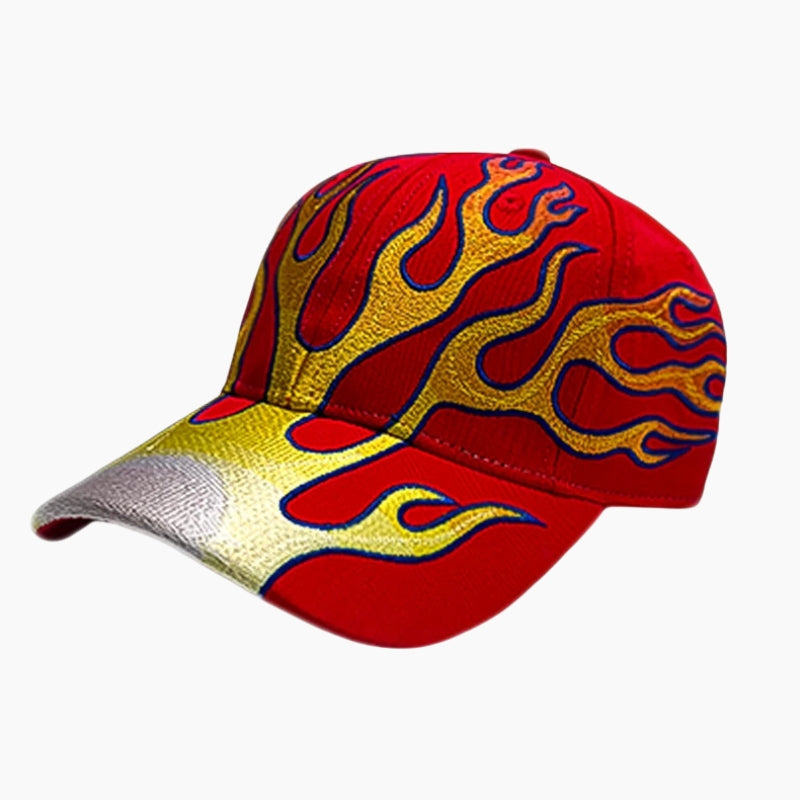 Flame Cap - red baseball cap with flame graphic, front view