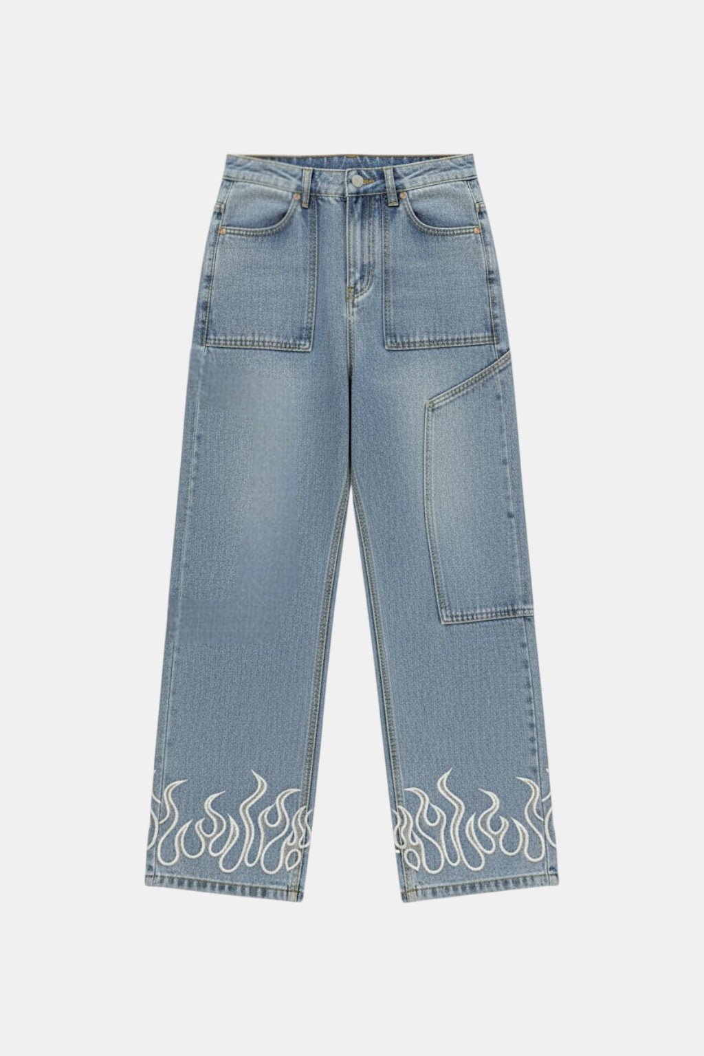 Flame Jeans - black jeans with flame graphic climbing from hem, front view