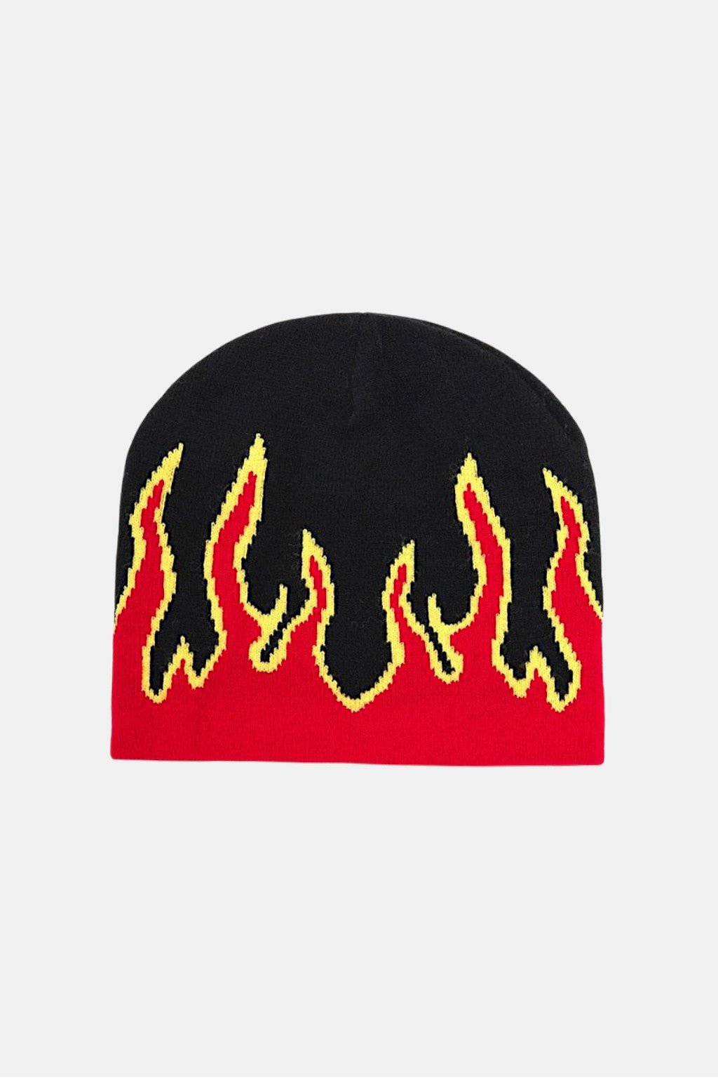 Flame Trim Beanie - black ribbed beanie with flame trim at hem, front view