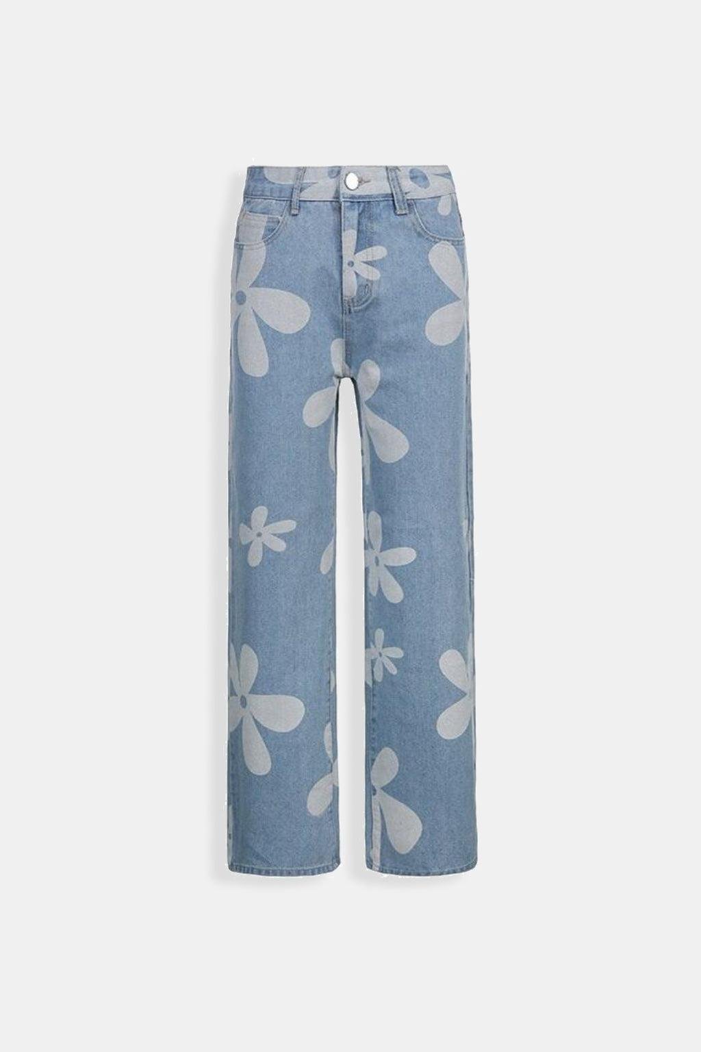Floral Printed Jeans - light wash jeans with oversized floral print, front view