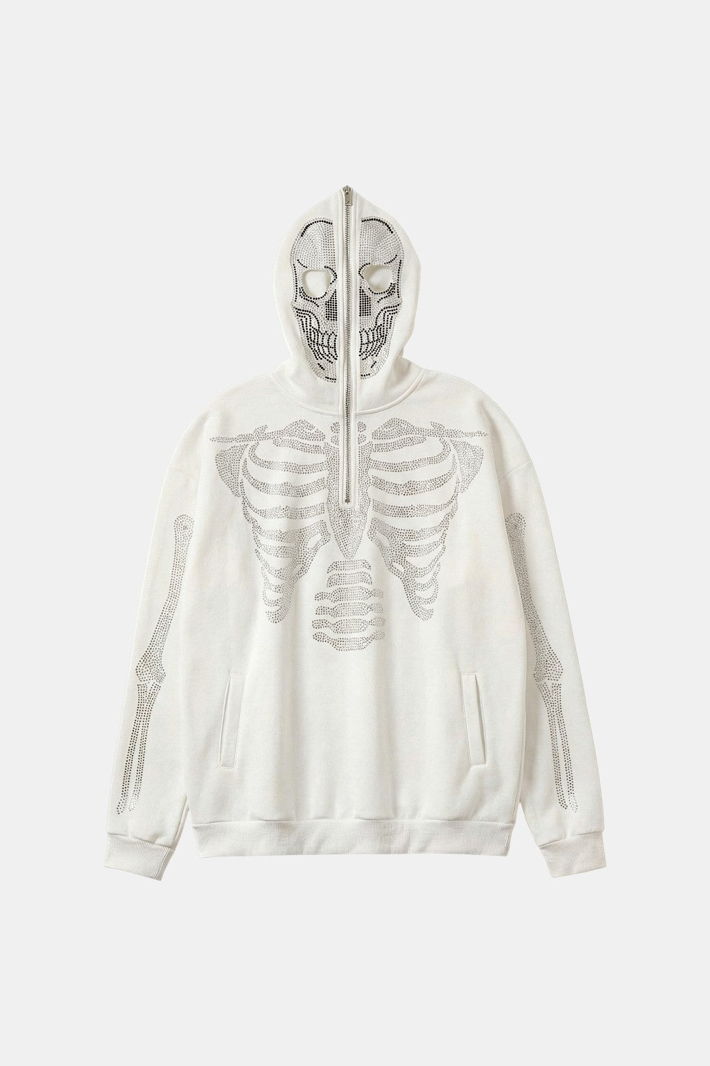 Full Zip Skeleton - cream zip hoodie with skull hood design and ribcage graphic, front view