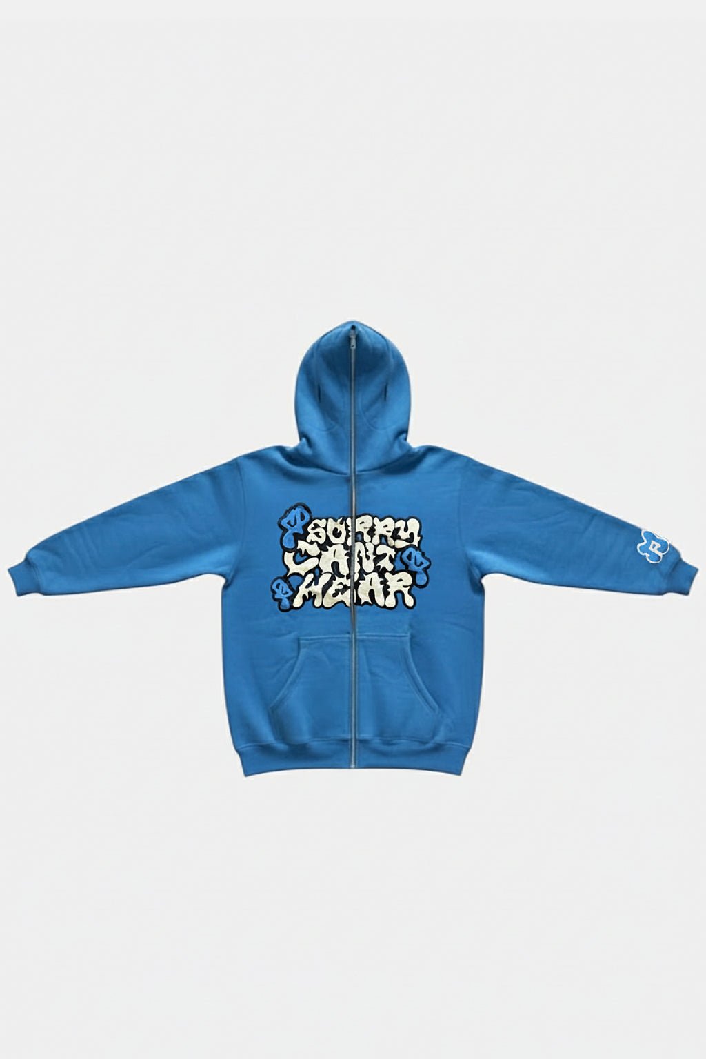 Full Zip Sorry Can't Hear - blue zip hoodie with graffiti style Sorry Can't Hear graphic, front view