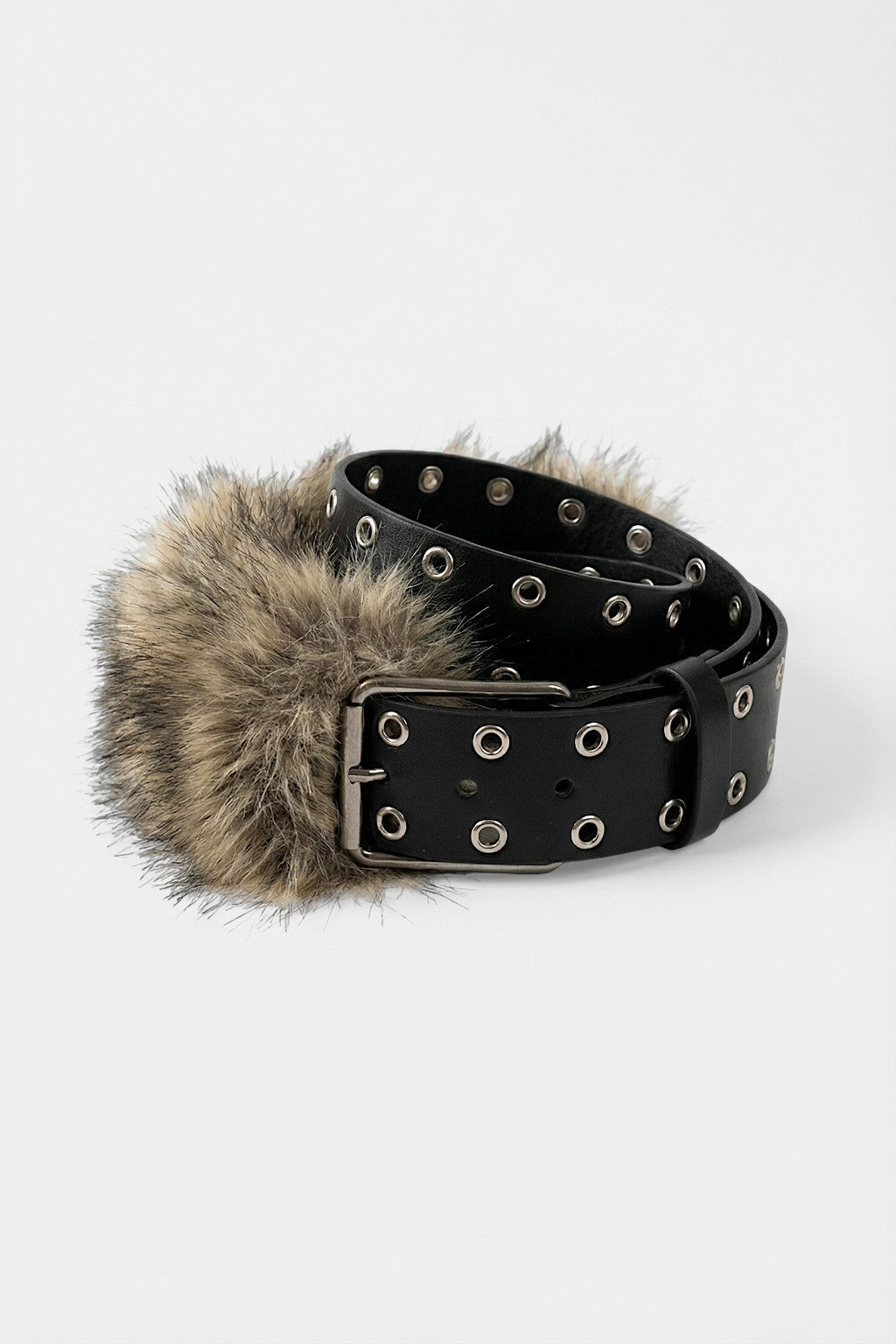 Fur Belt - black grommet belt with faux fur pom accent, front view