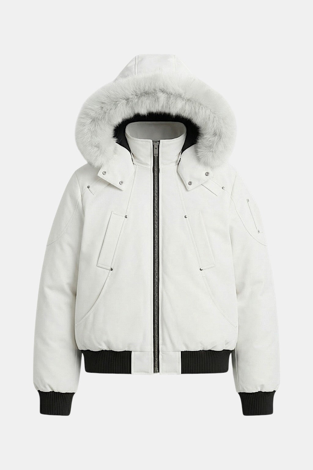 Fur Hooded Puffer Jacket - white bomber-style puffer with faux-fur trimmed hood and ribbed hem, front view
