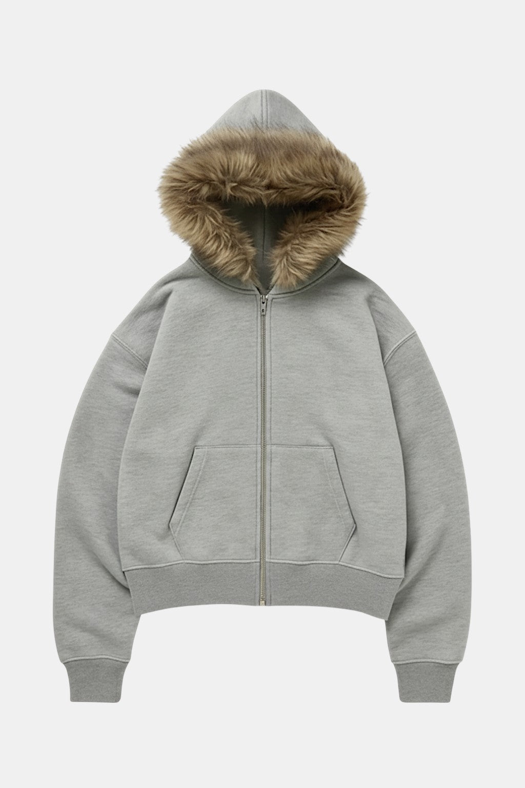 Fur Hooded Sweatshirt - grey zip hoodie with faux fur trimmed hood, front view