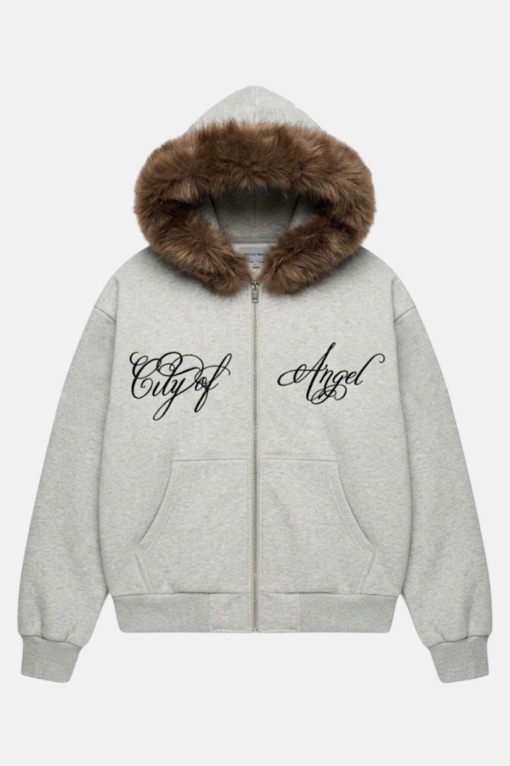 Fur Jacket With Calligraphy - grey hooded jacket with City of Angel cursive script and fur trim, front view
