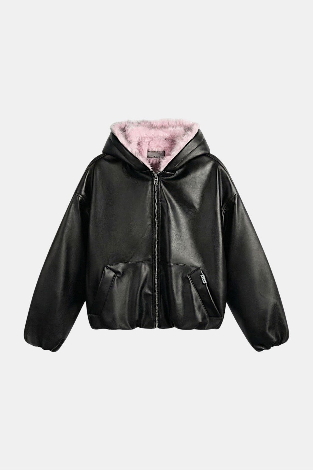 Fur Leather Jacket - black cropped faux leather jacket with pink fur hood lining, front view
