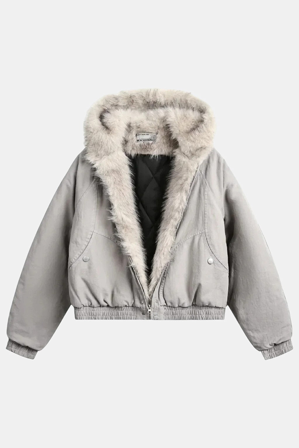 Fur Lined Jacket - grey cropped bomber with continuous cream fur trim on hood and front, front view
