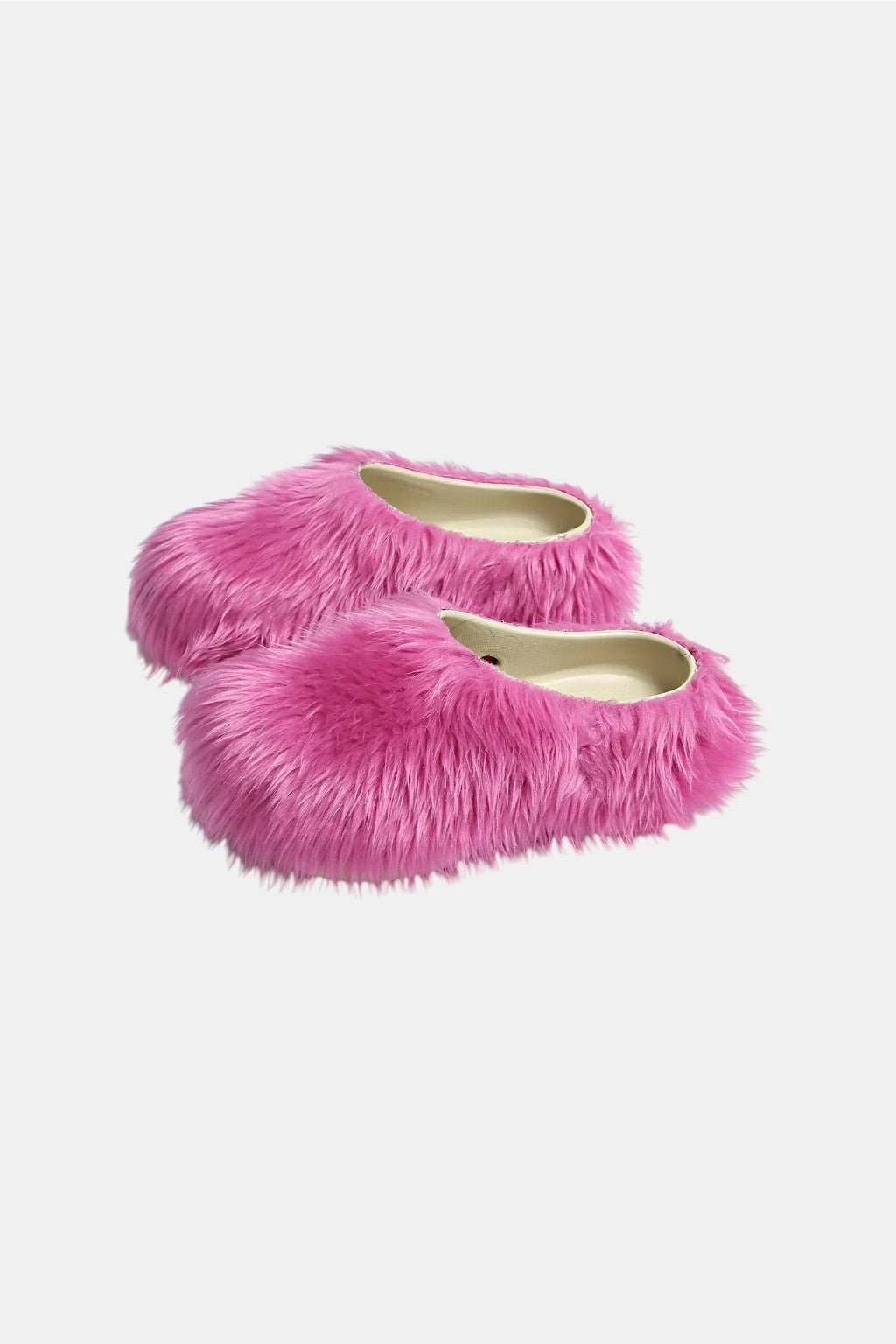 Fur Mules - fuchsia fluffy faux fur mule slippers, front view