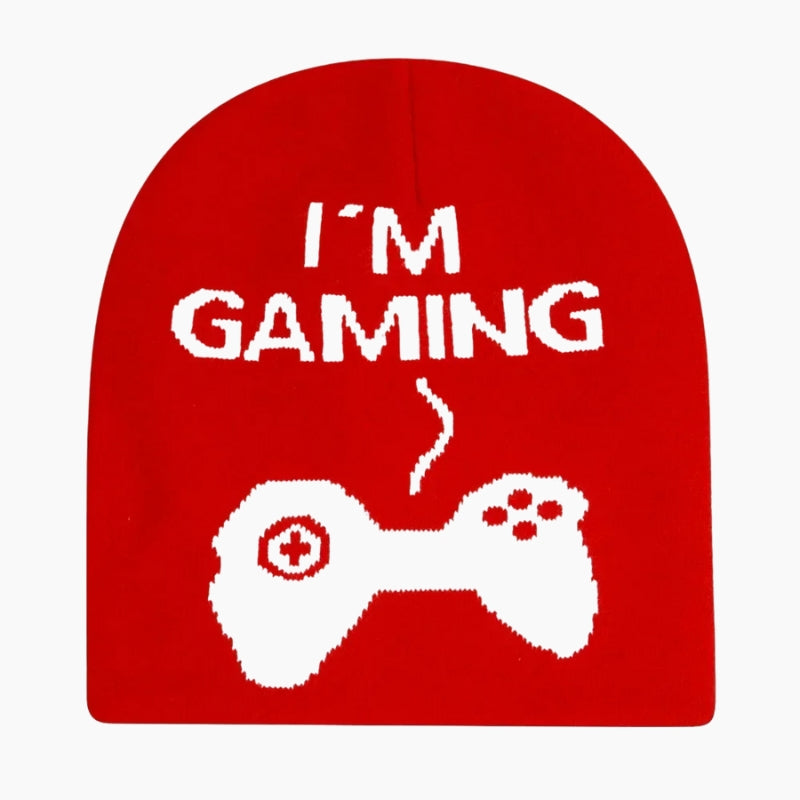 Gaming Beanie - red beanie with I'm Gaming text and controller icon, front view