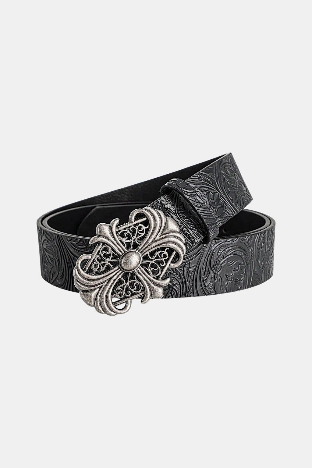 Gothic Belt - black belt with ornate filigree cross buckle, front view