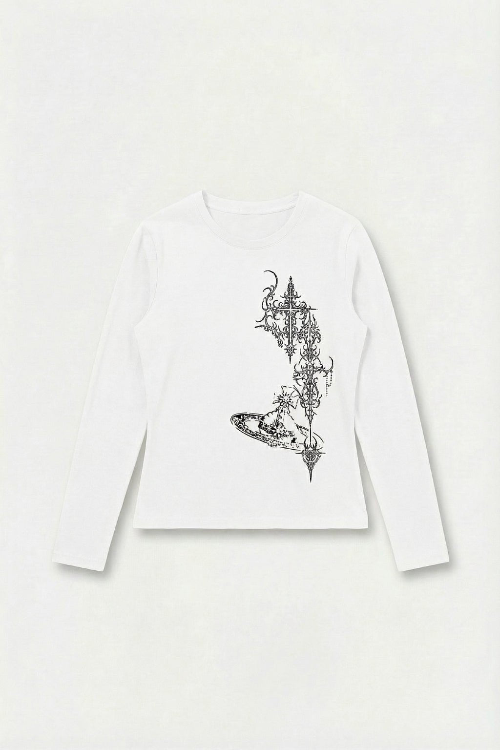 Gothic Long Sleeve T Shirt - black fitted t-shirt with ornate mesh sleeve pattern, front view