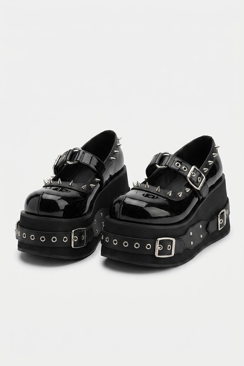 Gothic Mary Jane - black patent platform Mary Jane shoes with buckle straps, front view