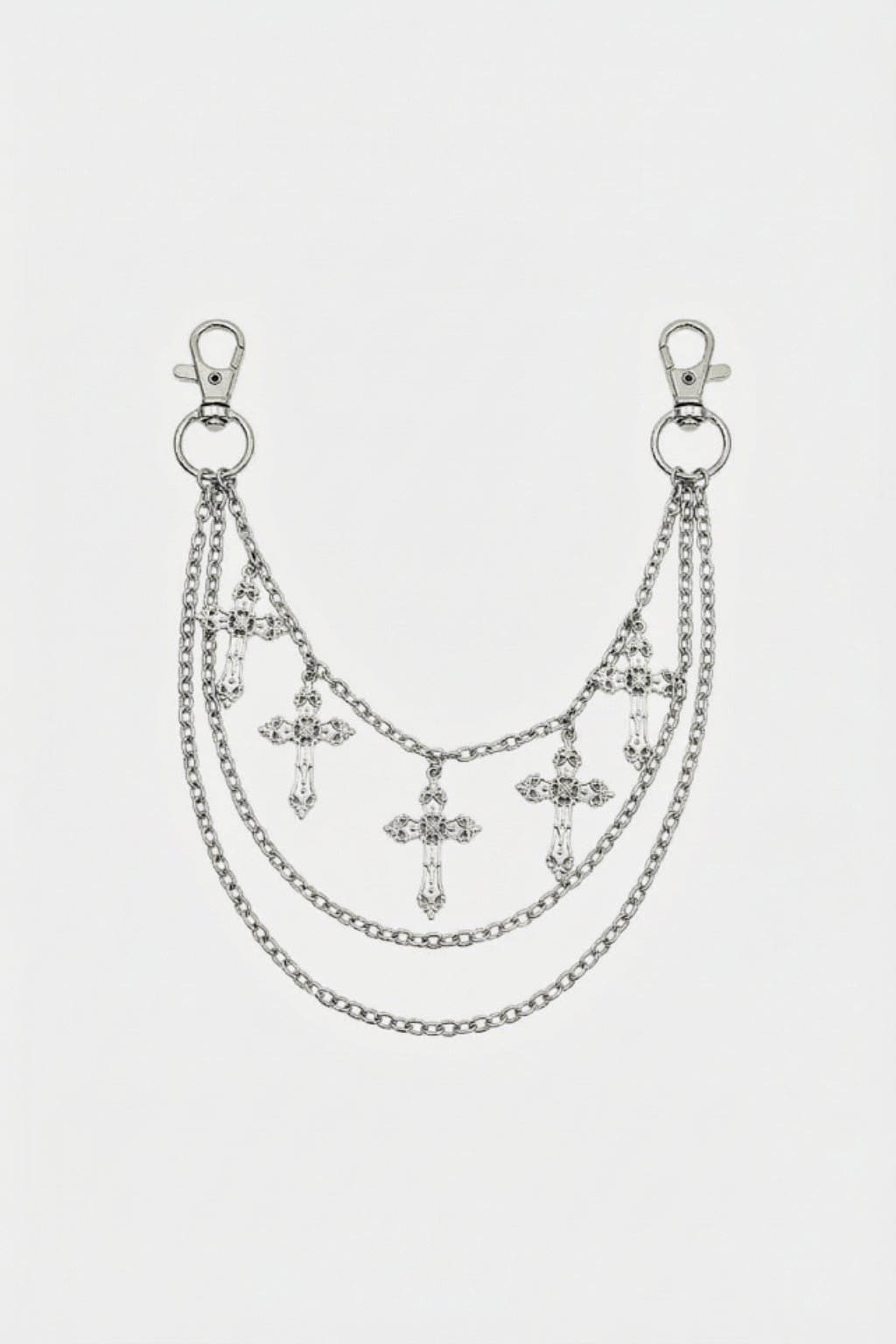 Gothic Pants Chain - silver chain accessory with cross charms, front view
