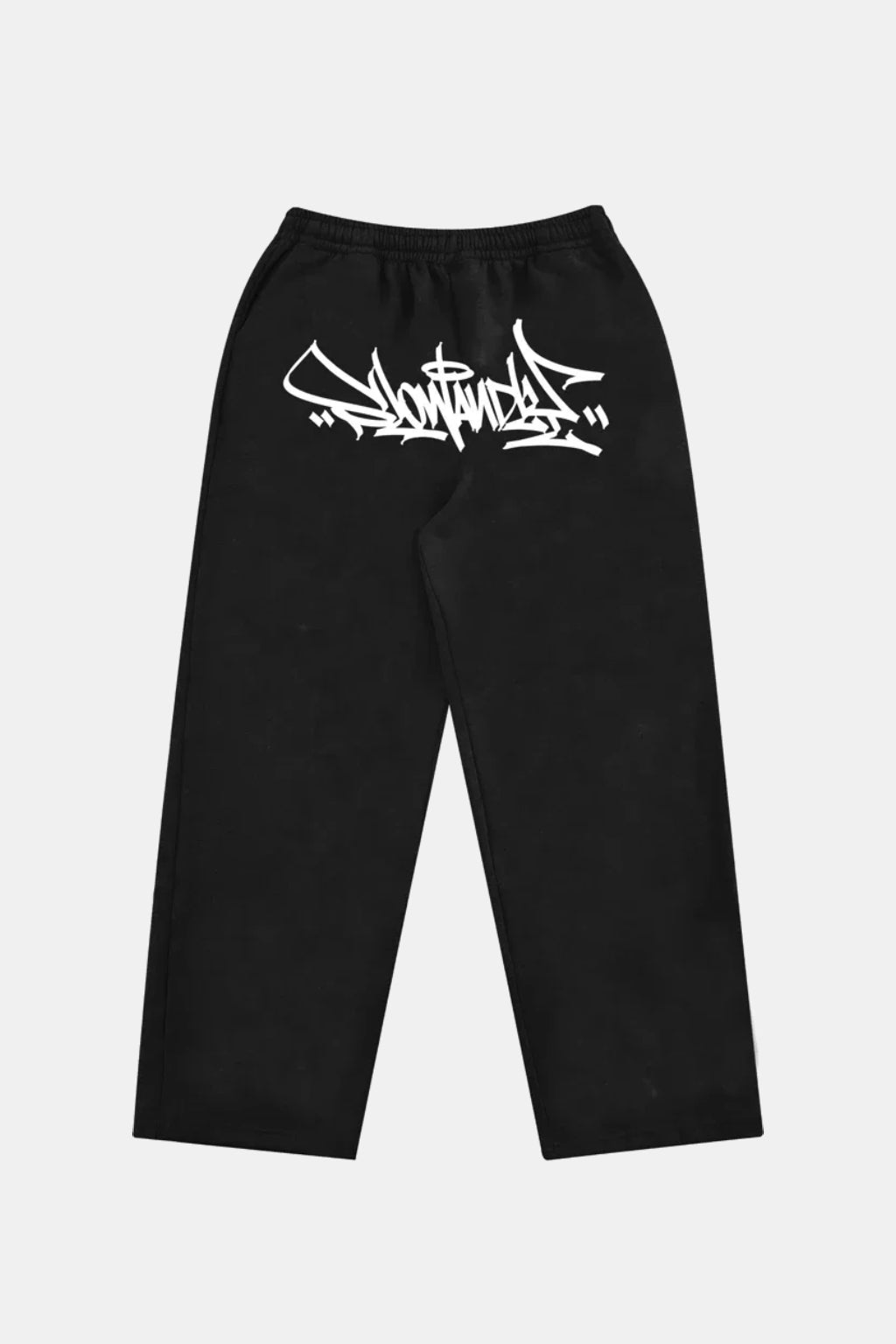 Graffiti Joggers - black barrel leg joggers with hand tagged graffiti graphic, front view