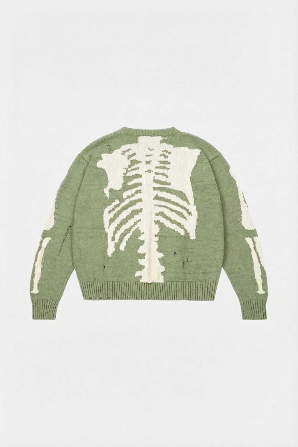 Green Skeleton Sweater - sage green crewneck sweater with knitted white ribcage graphic, front view