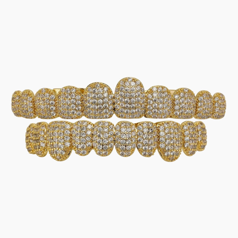 Grillz Gold Row - gold full double row iced grillz, front view