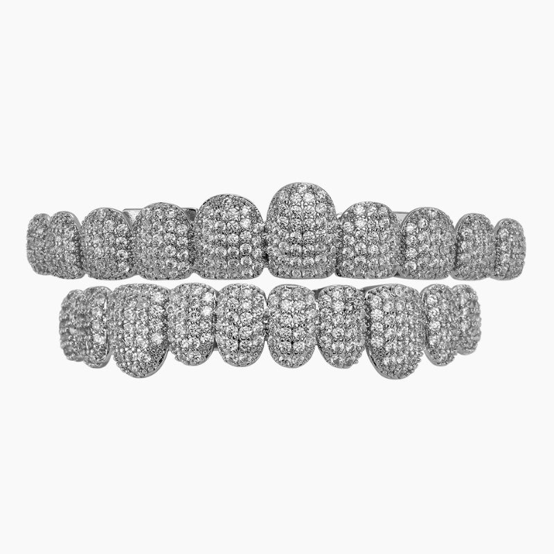 Grillz Ice Row - silver full double row iced grillz, front view