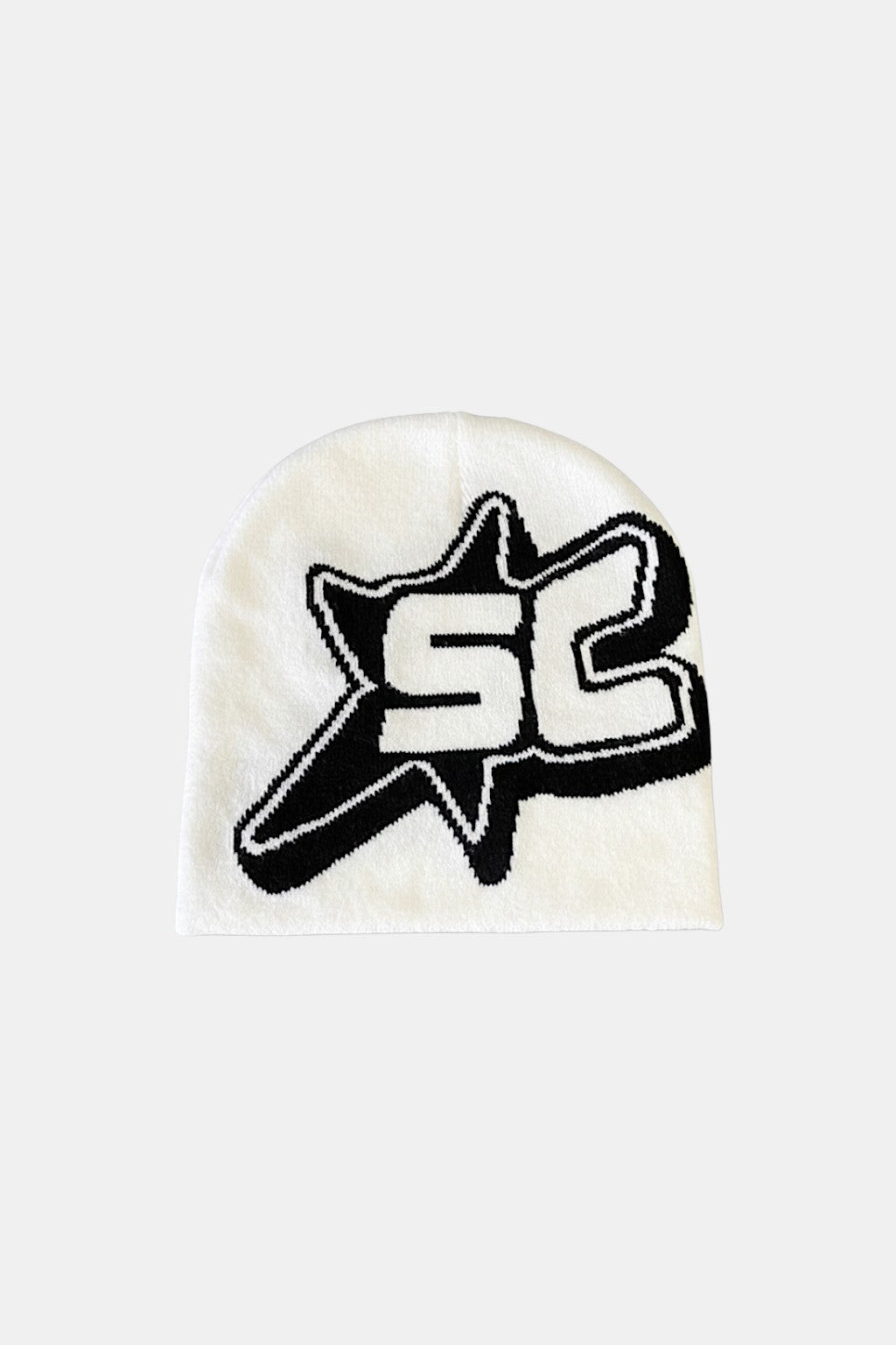 Grunge Beanie - black ribbed beanie with paint splatter finish, front view