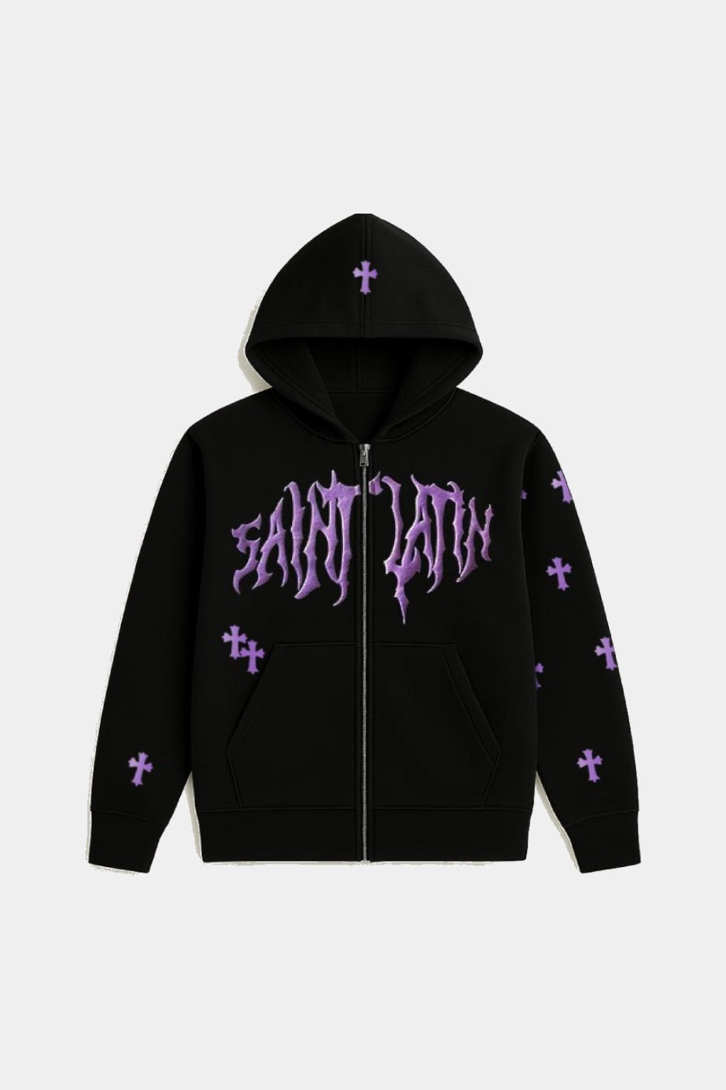 Grunge Jacket - black hooded jacket with dripping gothic lettering and cross charm print, front view