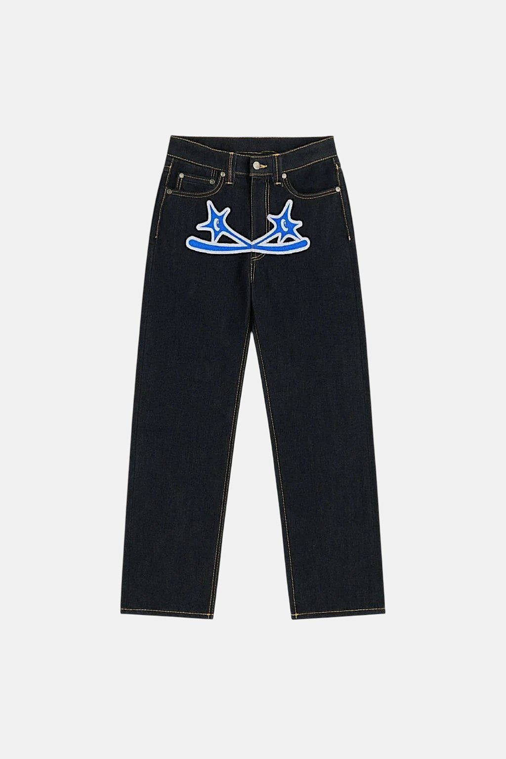 Grunge Jeans - light wash jeans with small sketch graphic on thigh, front view