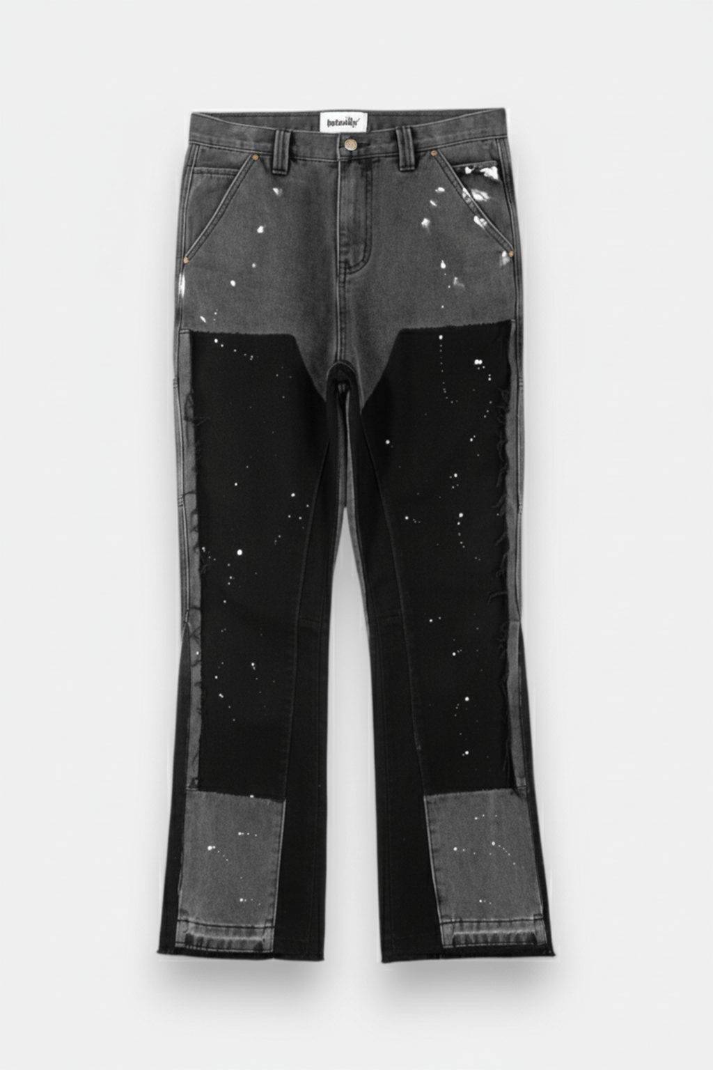 Grunge Pants - grey and black patched denim trousers with paint splatter, front view