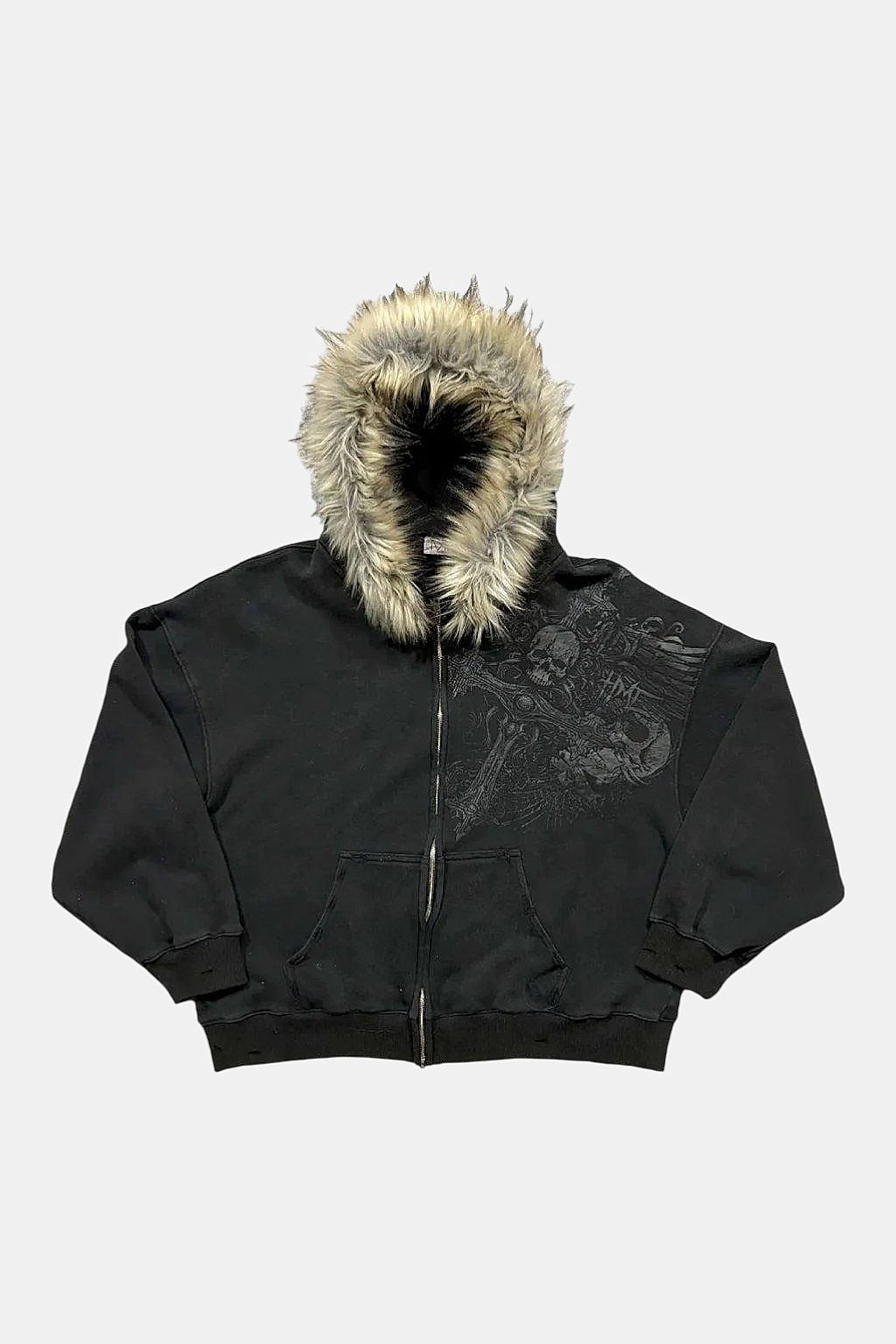 Grunge Sweatshirt - black zip hoodie with spiked faux fur hood trim, front view