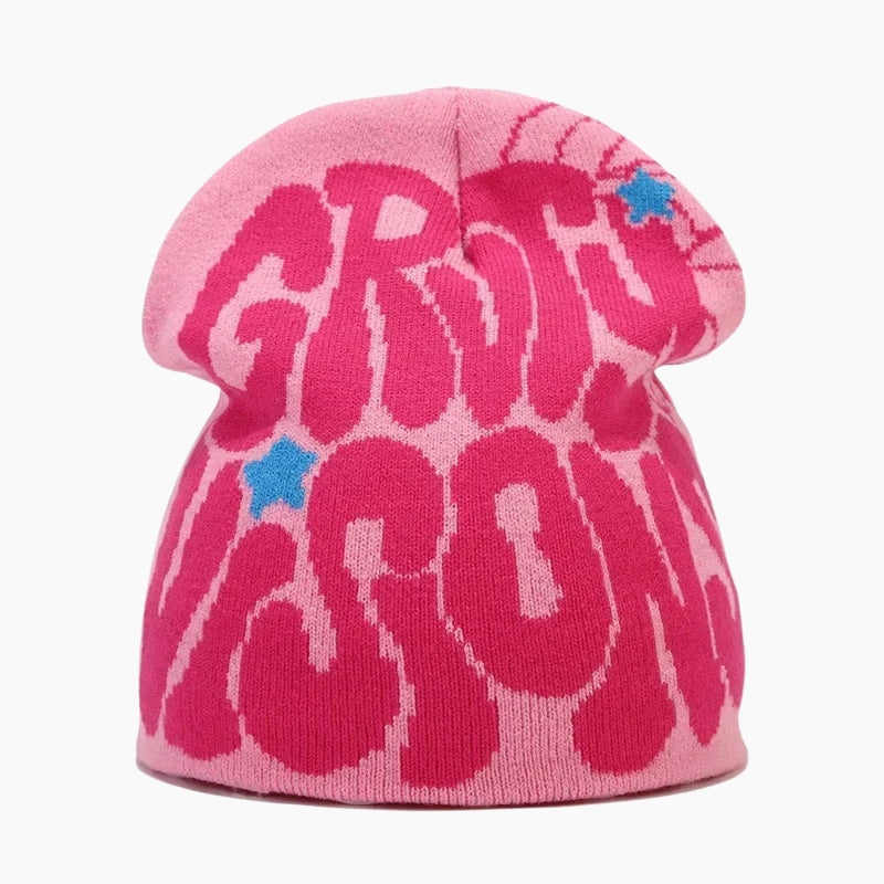 GRVTY Visions Beanie - pink beanie with tonal bubble wordmark graphic, front view