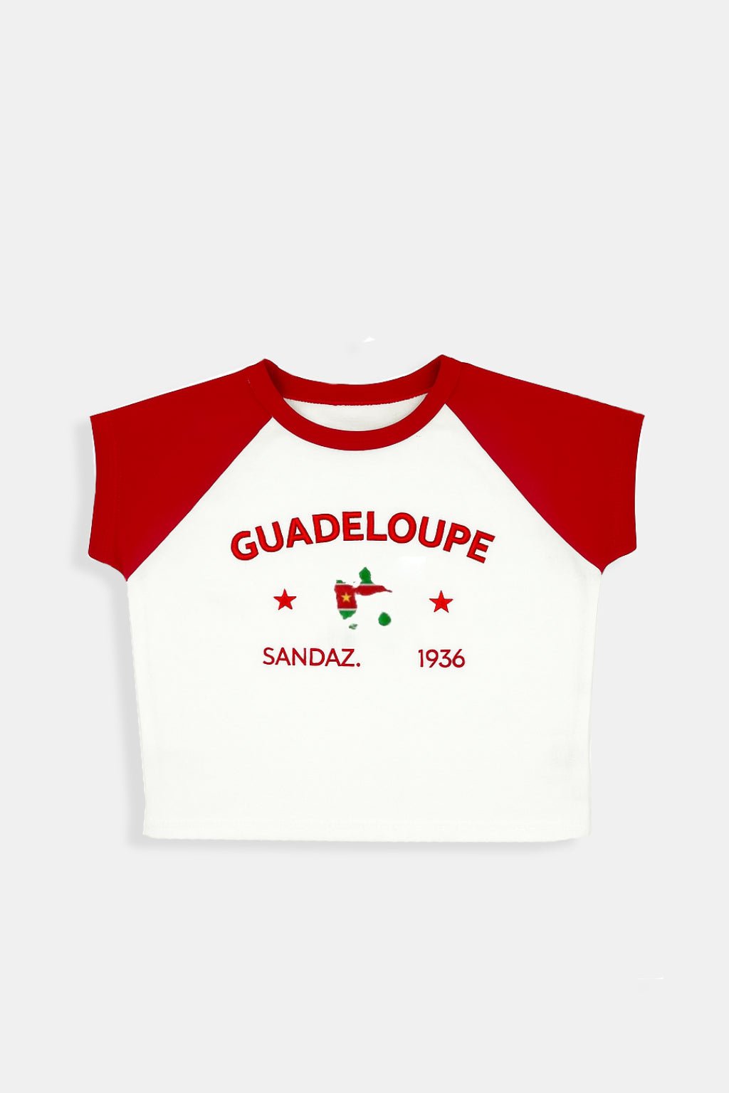 Guadeloupe T Shirt - red and cream raglan t-shirt with Guadeloupe graphic, front view