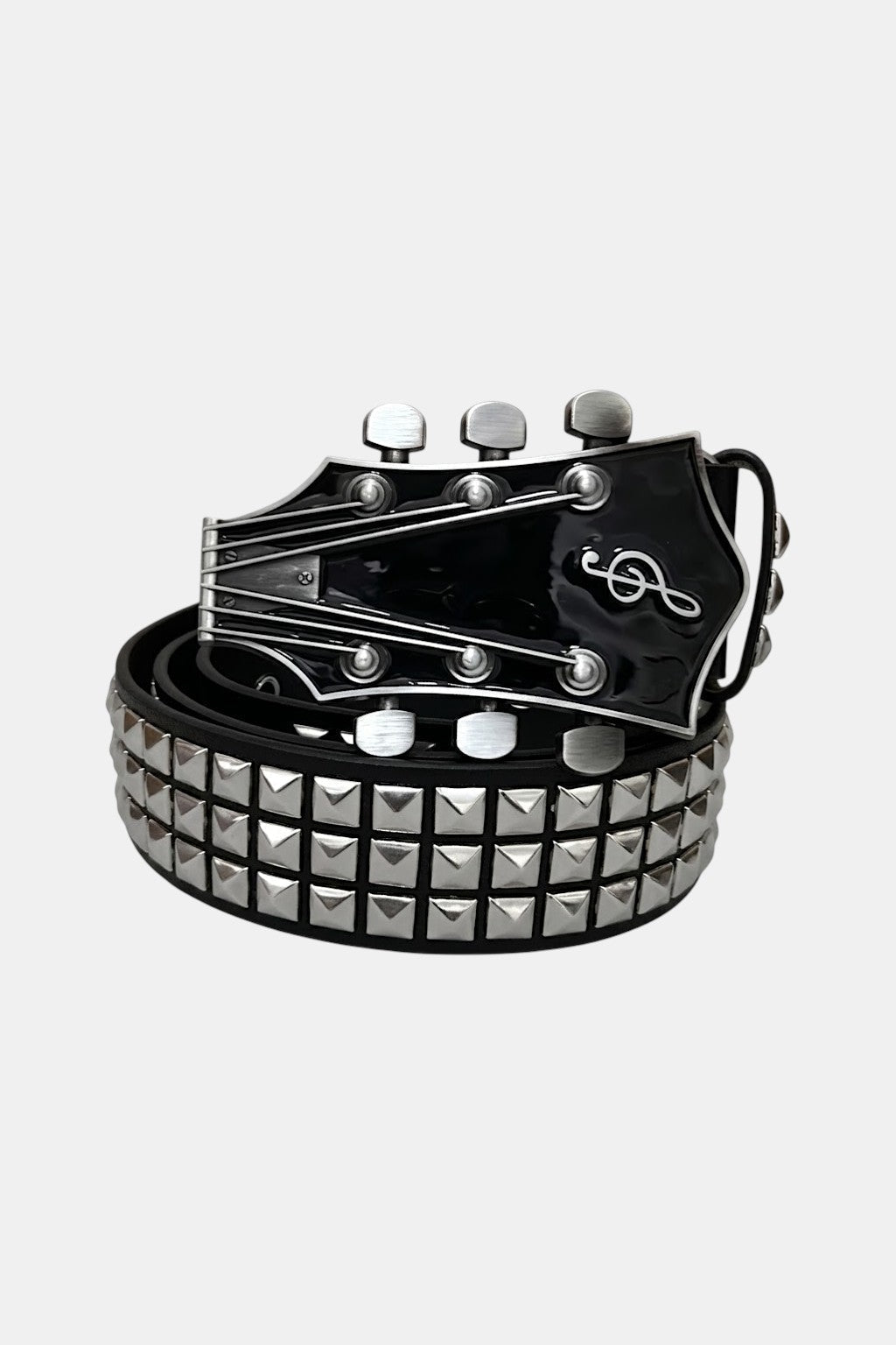 Guitar Belt - black studded belt with guitar headstock shaped buckle, front view