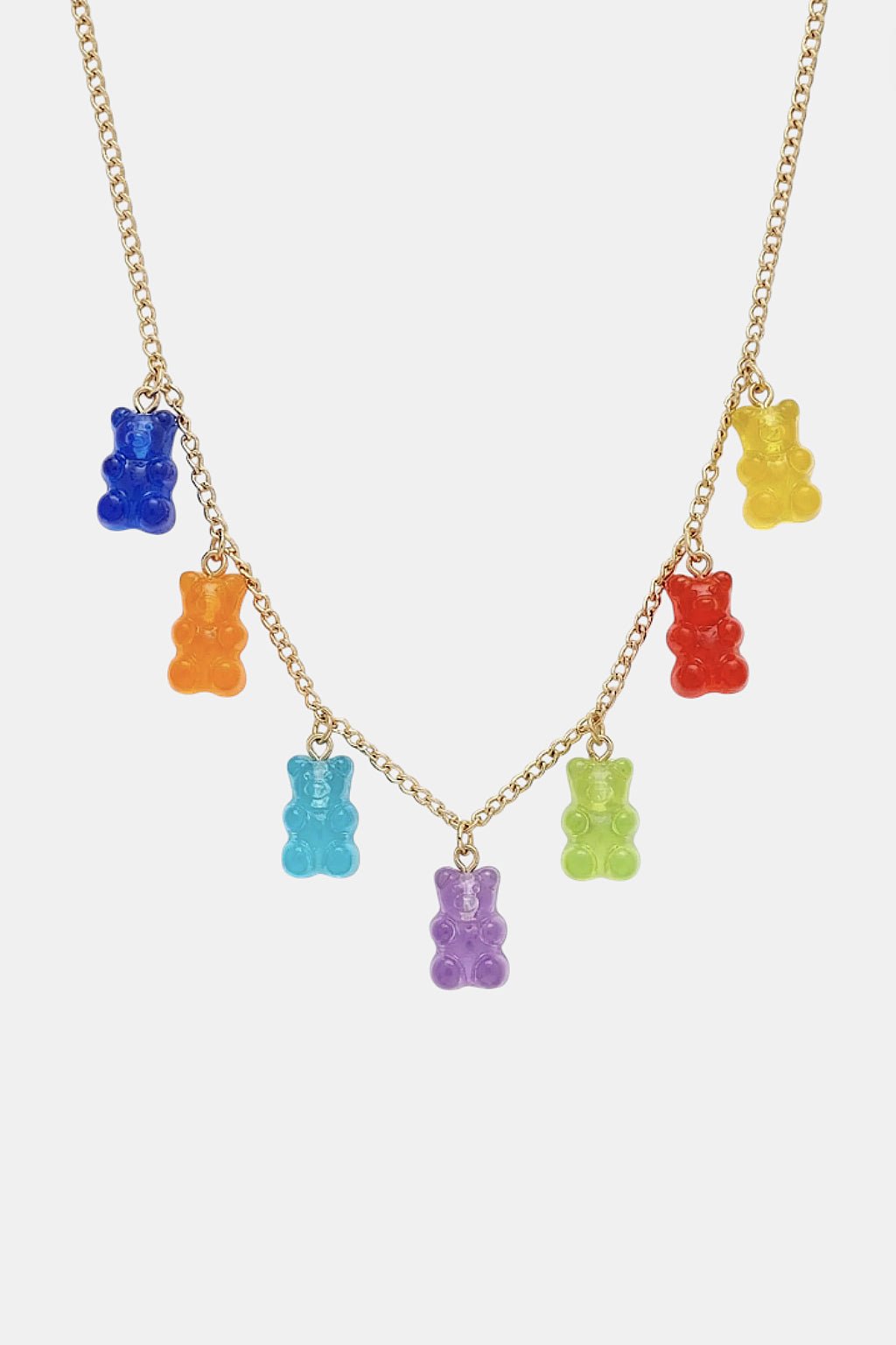 Gummy Bear Necklace - gold chain with rainbow gummy bear charms, front view