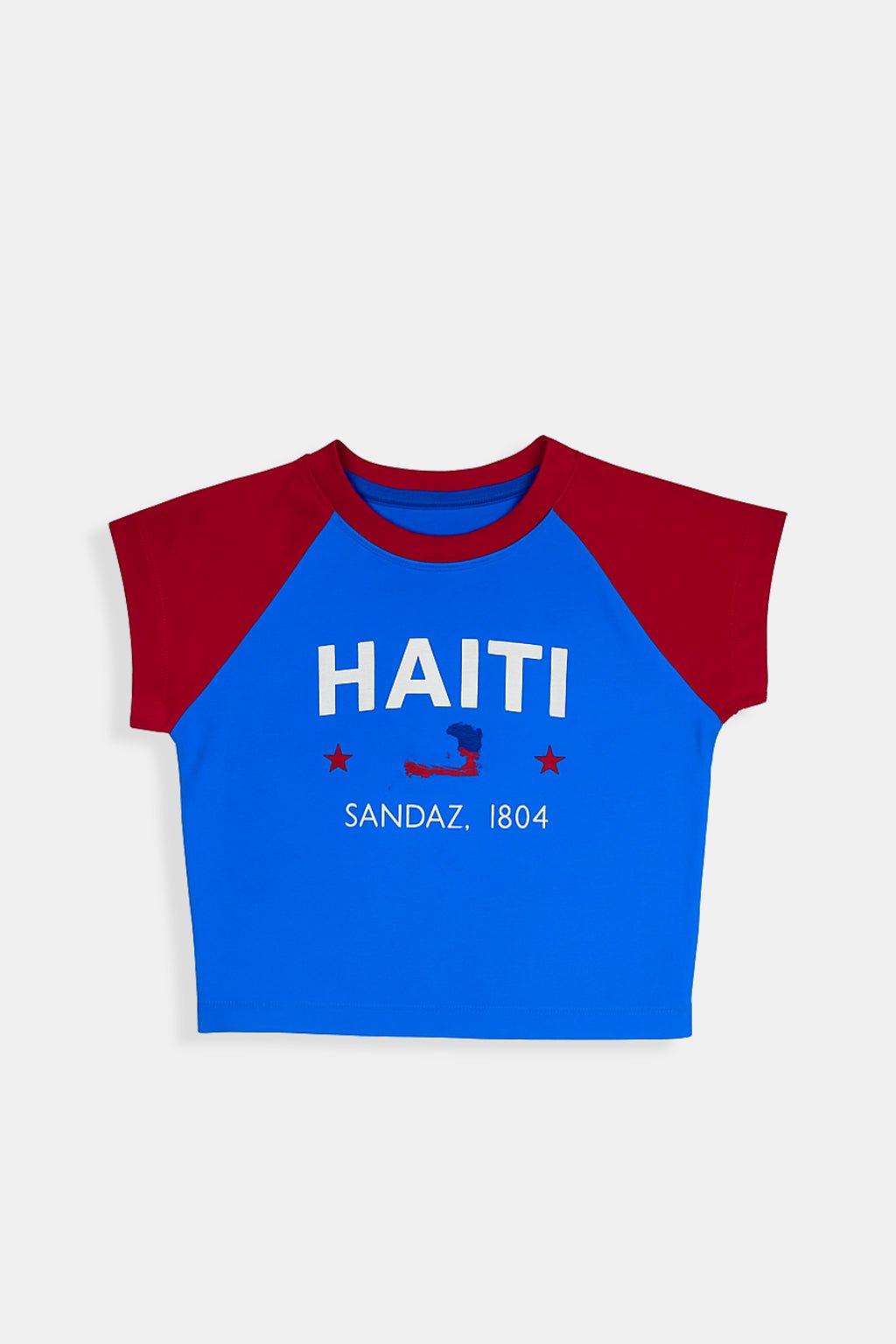 Haiti T Shirt - blue and red raglan t-shirt with Haiti graphic, front view