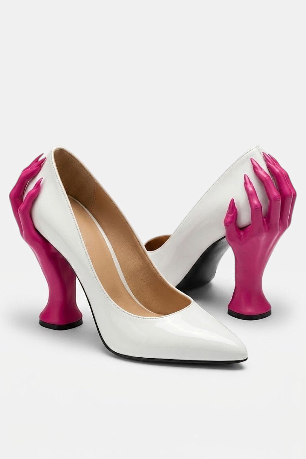 Hand Heels - white pumps with sculptural pink hand shaped heel, front view