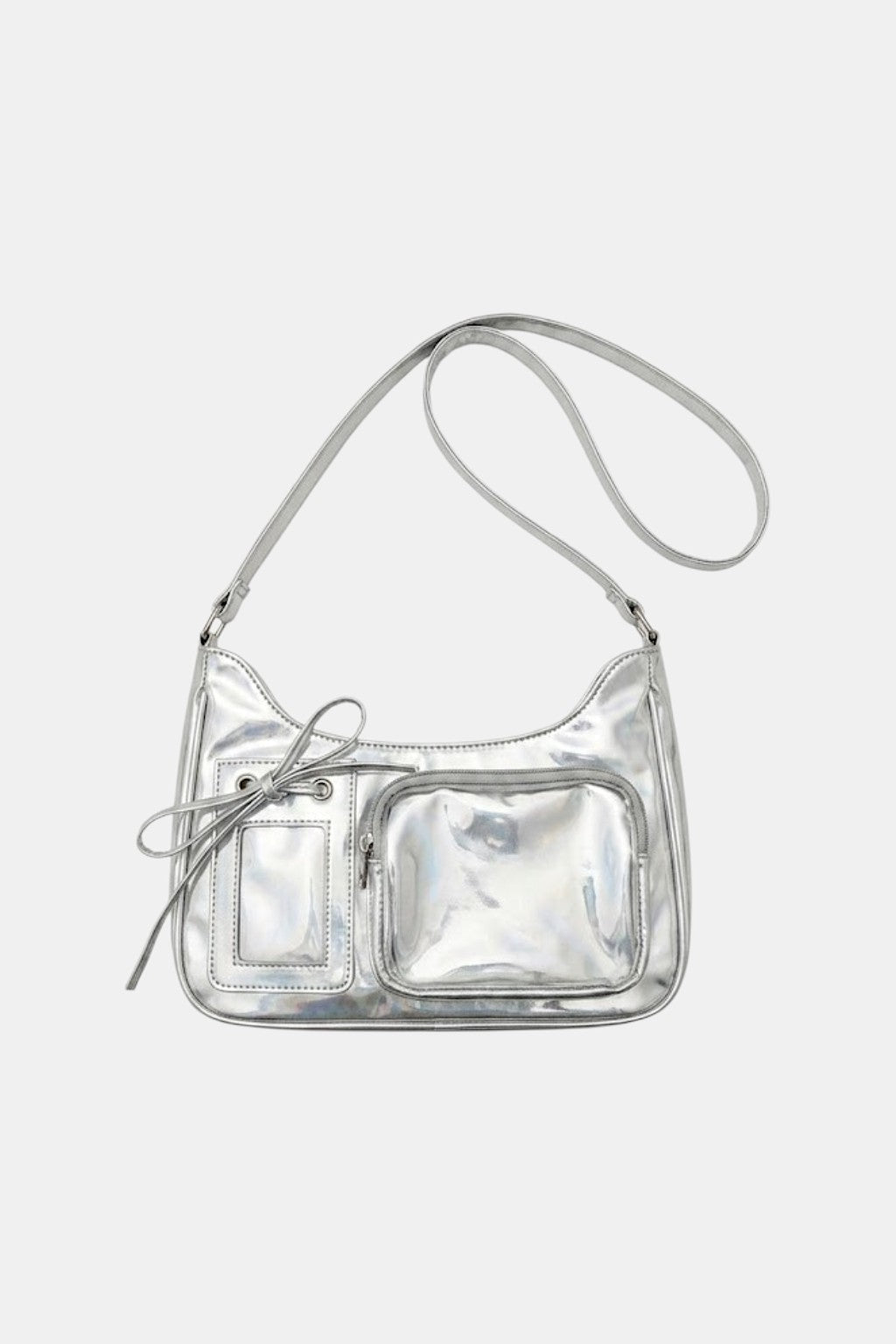 Handbag With Transparent Panel - silver crossbody bag with clear PVC panel, front view