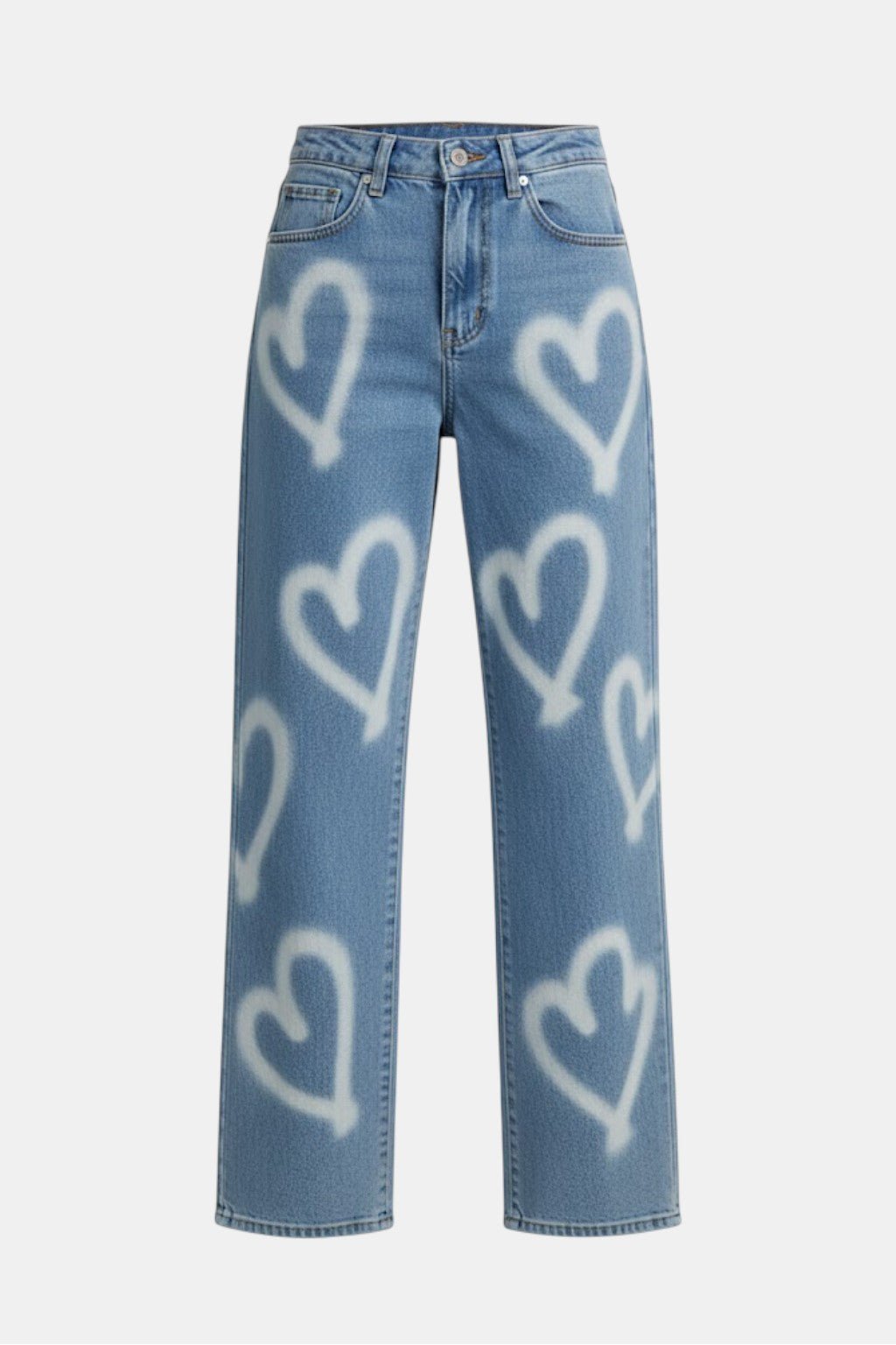 Heart Pants - light wash denim jeans with spray paint heart graphic, front view