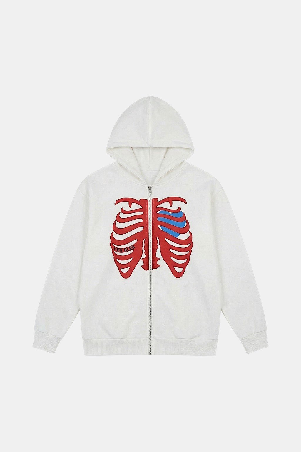 Heart Skeleton Jacket - white hooded jacket with red ribcage and heart graphic, front view