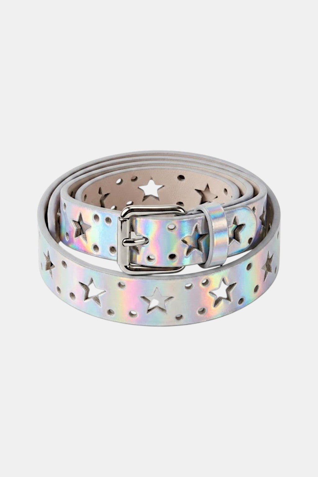 Holographic Belt - iridescent belt with star cutout pattern, front view